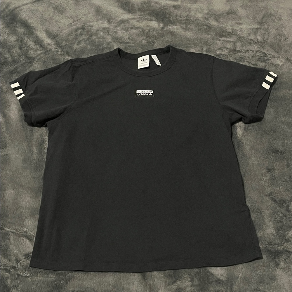Adidas Women Black Tee with White Accents Large Cotton. Fair condition.